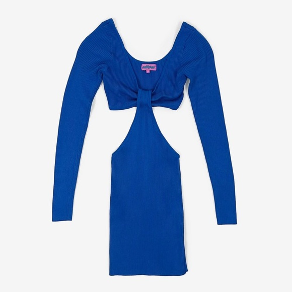Edikted Gali Knitted Mini Dress Size XS Blue Ribbed Cutout Long‎ Sleeve Bodycon